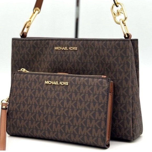 Michael Kors Trisha MD Triple Compartment Bag & Double Zip Wallet Set Brown - Picture 1 of 11